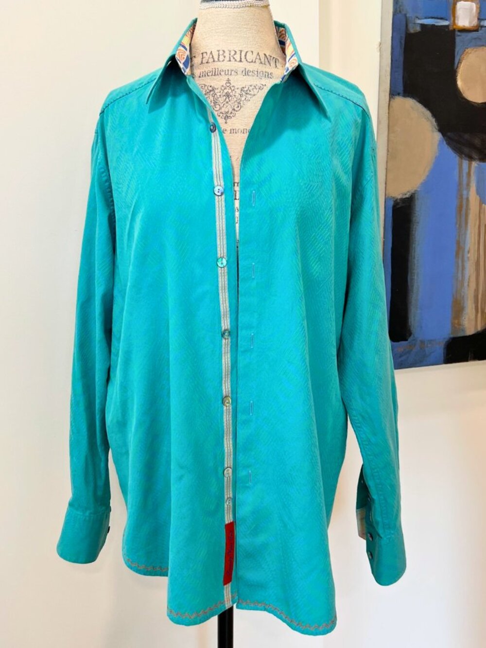 Robert Graham Teal Jacquard Western Detail Shirt Men's L Knowledge Wisdom Truth